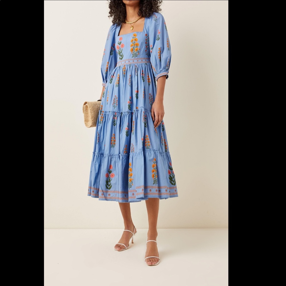 Agua Bendita Miel Dahlia Puff-Sleeve Midi Dress